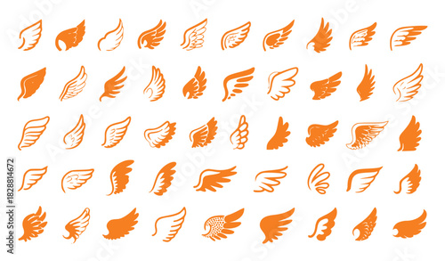 Collection of Orange Wing Icons and Symbols on White Background