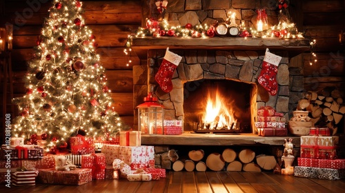 Cozy Christmas Scene with Lit Tree, Fireplace, and Presents in Rustic Cabin