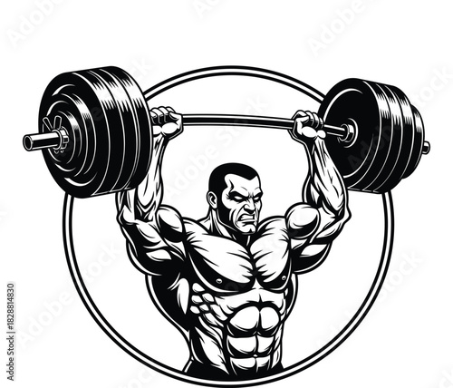 Vector illustration of a weightlifter raising a barbell overhead in strength training