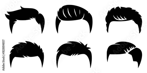 Collection of Six Black Silhouette Hairstyles for Men on White Background