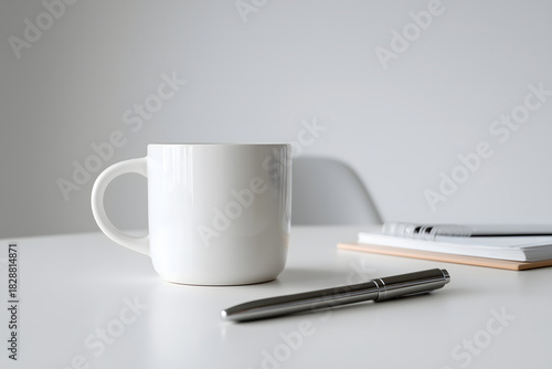 minimal workspace with coffee cup and pen