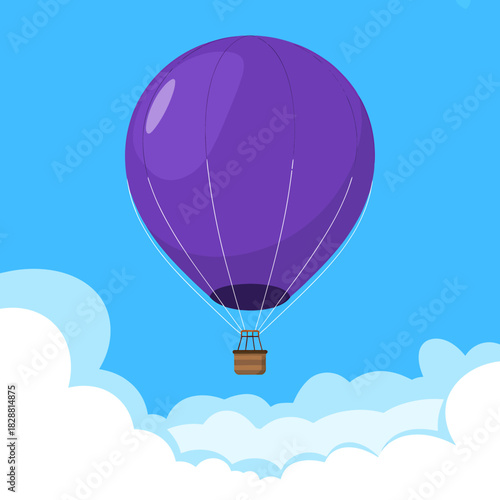 Whimsical Purple Hot Air Balloon Ascending Through Fluffy Clouds Against a Clear Blue Sky Dreamlike and Serene Illustration