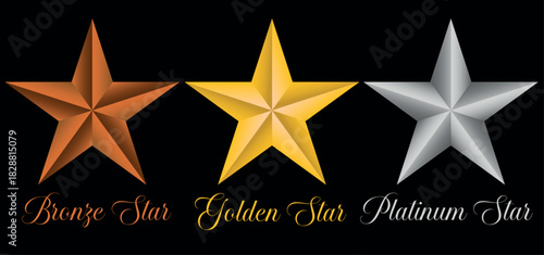 Three dimensional metallic stars representing bronze, gold and platinum awards or rankings against a dark background with text labels