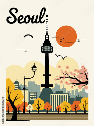 Retro travel poster of Seoul featuring N Seoul Tower, modern street scene, and cherry blossoms. Flat vintage vector style with bold shapes and nostalgic colors.