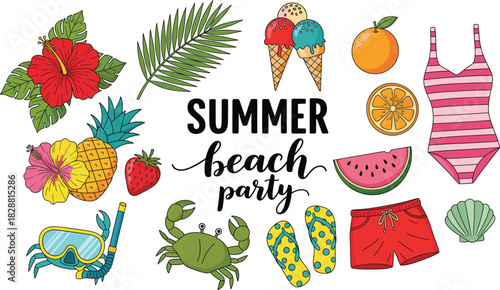 Hand Drawn Summer Beach Party Vector Elements Collection Featuring Tropical Flowers, Fruits, Ice Cream, Crab, Snorkel Mask, and Swimwear for Holiday Design