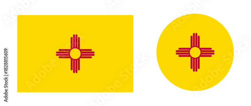 Set of New Mexico circle, rectangle flag icons. New Mexico state round, rectangular flag templates. Badge, background, push button, design element collection.	