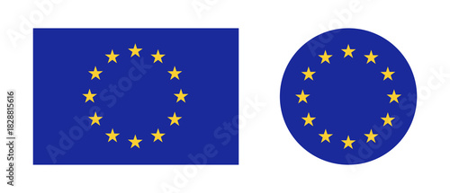 Set of European Union rectangular, round flag. Flag of EU collection, yellow stars on blue circle, rectangle. European Union flag flat push button, badge, backdrop.