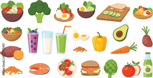 Healthy Diet and Organic Food Vector Collection Featuring Fresh Salad, Vegetables, Fruits, Smoothies, Salmon, Eggs, and Avocados for Nutrition Design