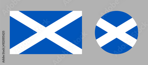 Scotland rectangular, round flag set. Scottish circle, rectangle symbol. Flag button, banner, icon, background. National sign badge.