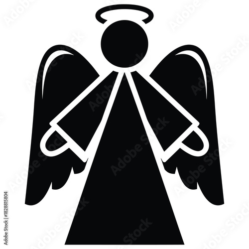 Christmas Black silhouette of an angel with a halo and wings on a white background symbol