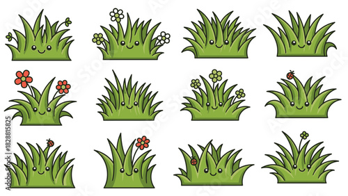 Cute Kawaii Grass Patches with Flowers and Ladybug Cartoon Vector Collection