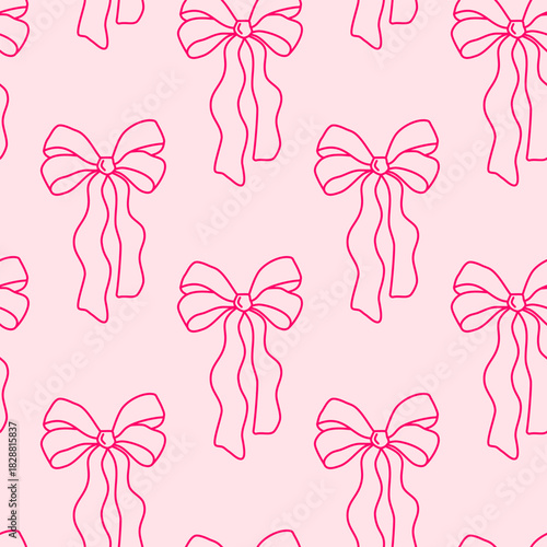 Pink seamless pattern with hand drawn bows designed with whimsical coquette charm for sweet ribbon themed prints used in invitations and packaging.