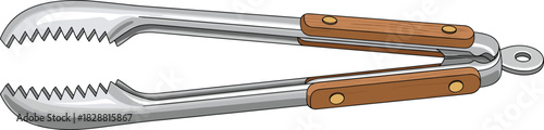 Stainless Steel Barbecue and Kitchen Tongs Vector Illustration with Wooden Handles, Perfect for Grilling, Cooking, Serving, and Food PreparationStainless Steel Barbecue and Kitchen Tongs Vector 