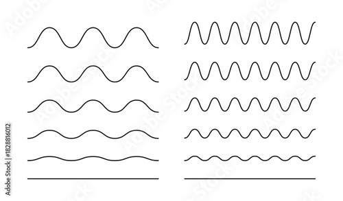 Wavy, curvy black lines. Undulate simple borders, transverse horizontal lines. Water, river, lake, sea, ocean symbols. Sine, fluid, air, wind signs. Graphic outline illustration on white background.