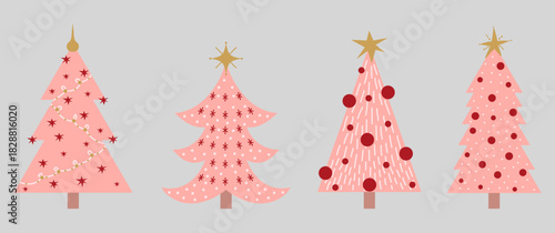 Set of Christmas trees. Cute girly coquette Christmas tree hand drawn. Vector