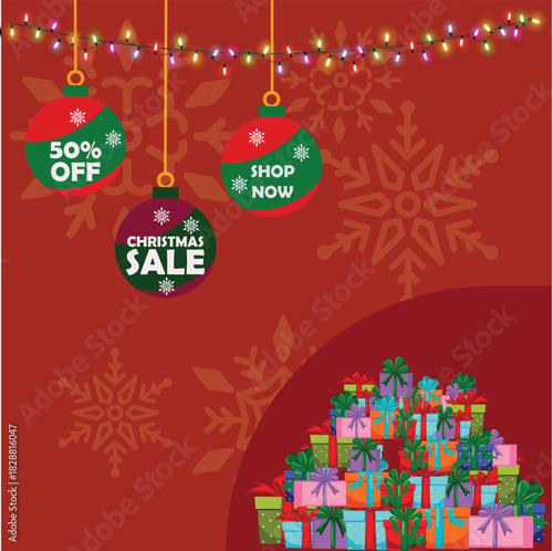Big Christmas Sale Event Banner with Hanging Ornaments and Pile of Gifts, Vector Illustration