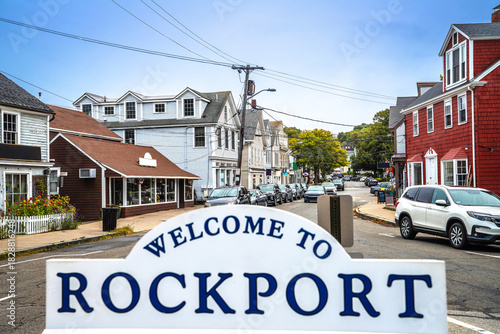Rockport, MA. Welcome to Rockport sign and town street view, Cape Ann , famous summer tourist destination in Massachusetts