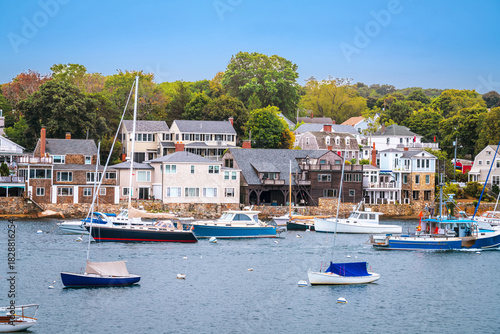 Town of Rockport on Cape Ann harbor and waterfront view, famous summer tourist destination in Massachusetts