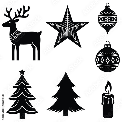 Collection of black silhouettes of Christmas icons including a reindeer, star, ornaments, trees, and candle