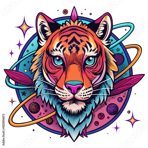 Vibrant artistic tiger illustration surrounded by planets, stars, and cosmic rings, colorful design. vibrant