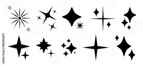 Stars icon trendy collection. Different minimalist star retro shape symbols. Black flat shine blink twinkle, sunburst stars set. Shining glow. Magic light flare, bright flash, sparkle star patterns.