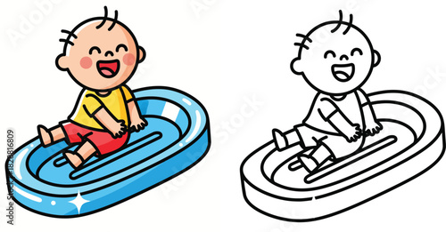 Cute cartoon baby boy sliding on a blue inflatable raft Vector illustration set containing colored version