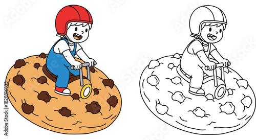 Cute cartoon boy riding a giant chocolate chip cookie scooter Vector illustration set containing colored version