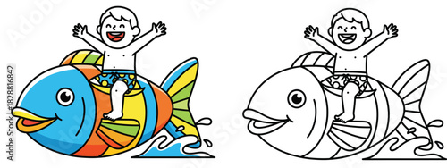 Cute cartoon boy riding a giant colorful fish in the water Vector illustration set containing colored version