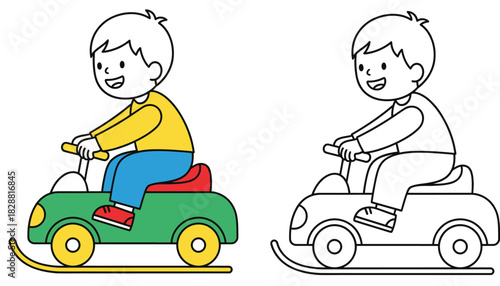 Cute cartoon boy riding a toy car sled with runners Vector illustration set containing colored version