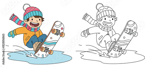 Cute cartoon boy skateboarding in winter clothes splashing water Vector illustration set containing colored version and black and white outline suitable for coloring book page.