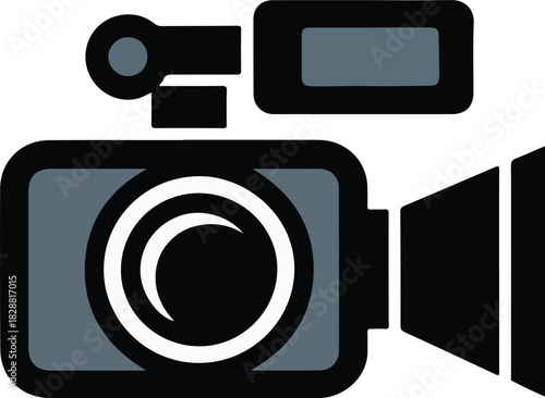 Modern video camera vector icon with a dark grey body and prominent white lens ring on a black background
