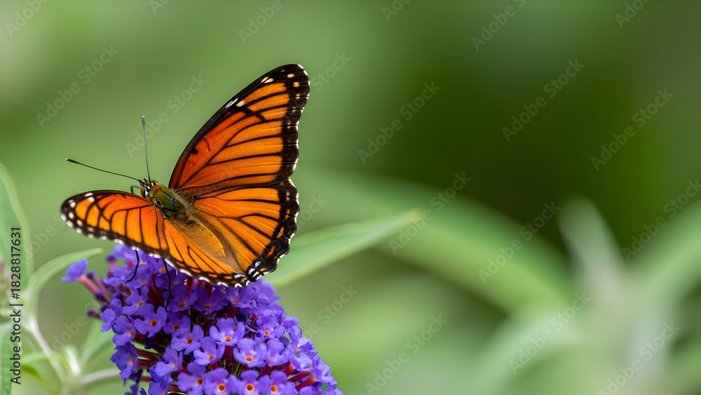 Obraz premium Viceroy butterfly resting on purple butterfly bush flower in summer garden
