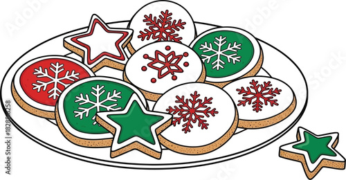 Festive christmas cookies decorated with snowflakes and stars on a white plate