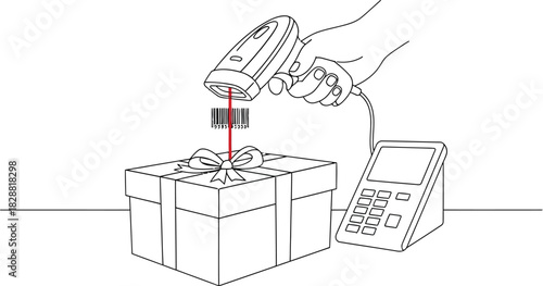 Scanning barcode on gift box with scanner for retail sale and inventory tracking