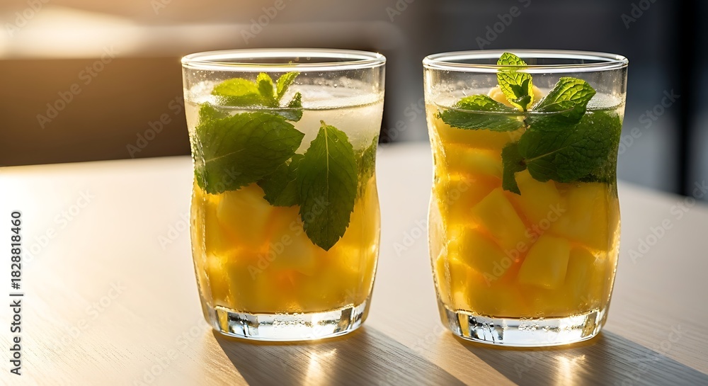 Fototapeta premium Two refreshing glasses of mango and mint infused water on a table.