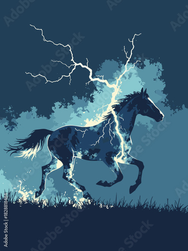 Double exposure silhouette of a running horse, inside is a thunderstorm with lightning, power and speed concept