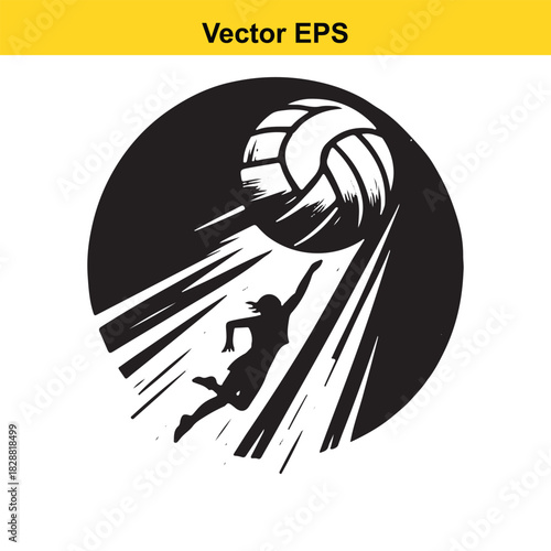 Black and white vector silhouette of a female volleyball player spiking ball
