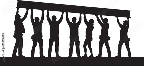 Construction workers in silhouette lifting a steel beam together