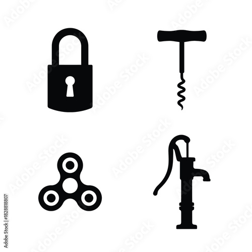 Collection of four black silhouette icons including a padlock a corkscrew a fidget spinner and a water pump Keywords