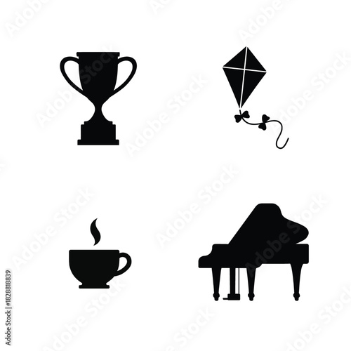 Collection of four black silhouette icons including trophy, kite, coffee cup, and grand piano
