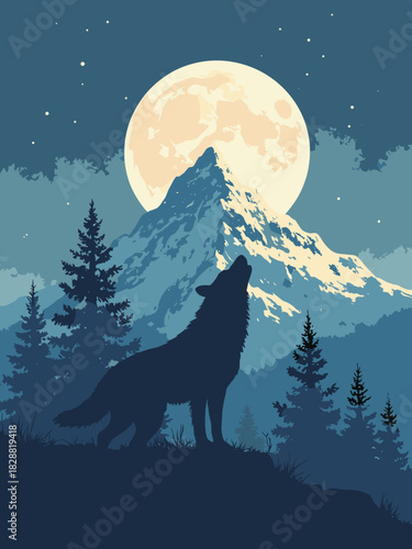 Double exposure silhouette of a wolf howling, inside is a snowy mountain peak under moonlight, nature concept