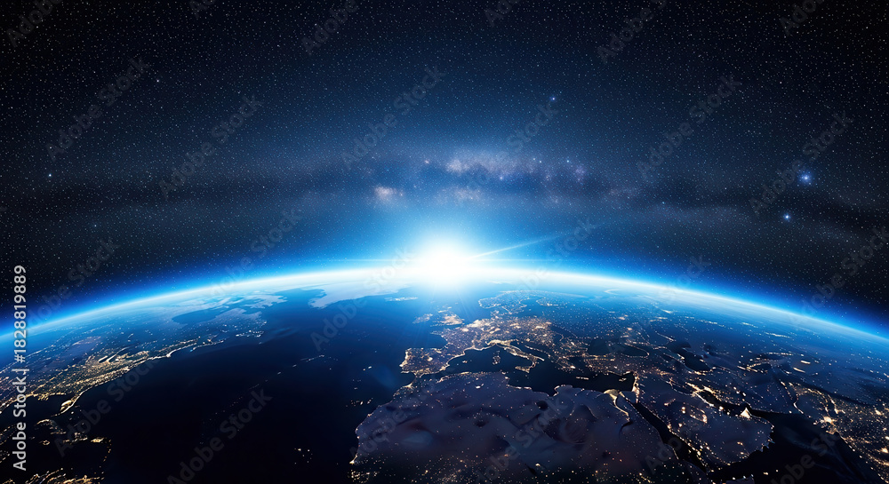 Fototapeta premium Earth's Horizon Illuminated by Sunrise Over Starry Expanse