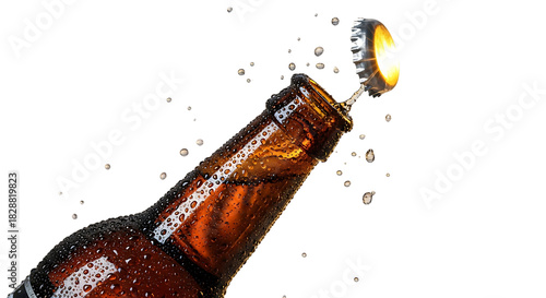 Beer bottle opening with splashing liquid against a dark background in studio
