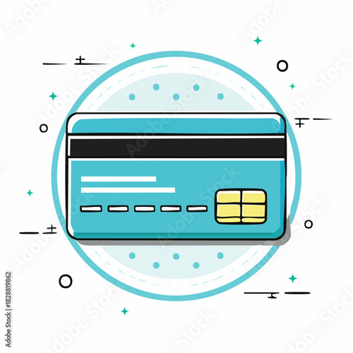 Illustration of a blue credit card with a chip and magnetic strip inside a light blue circle outline