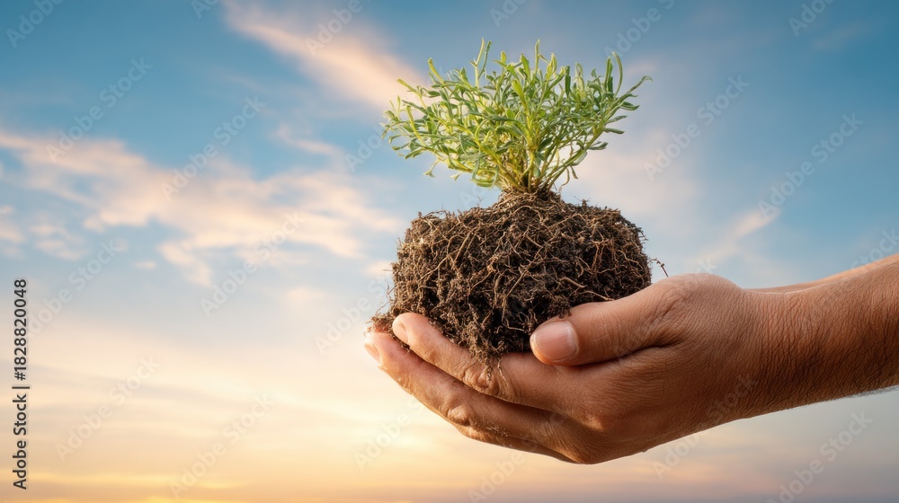 Fototapeta premium A hand holding a small green plant against a blue sky with clouds.