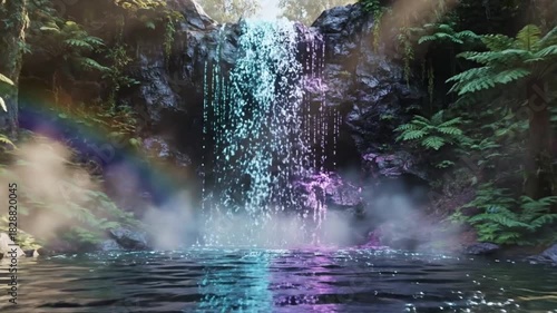 A mesmerizing digital rendition of a vibrant glowing waterfall, where iridescent currents cascade into a tranquil jungle pool, creating an enchanting and ethereal natural scene