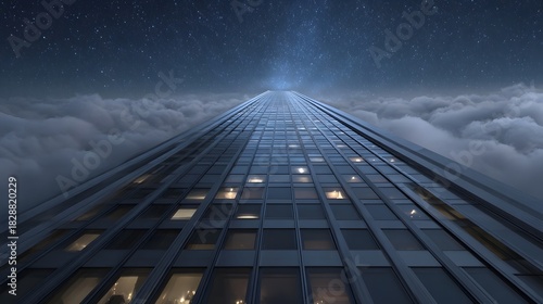A majestic skyscraper ascends into a star filled night sky emerging from a sea of clouds