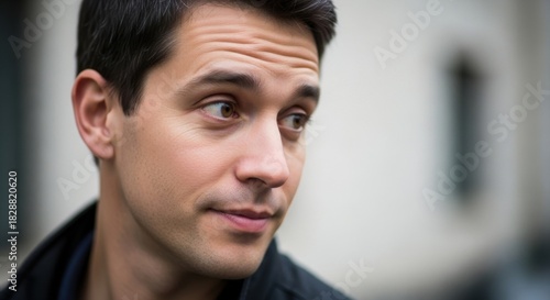 Man with pensive gaze looks thoughtfully to the side