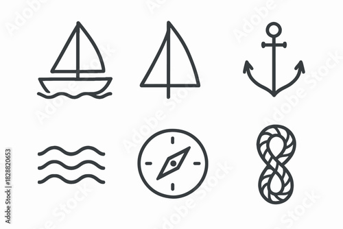 Nautical icons: sailboat, anchor, waves, compass, knot line art set