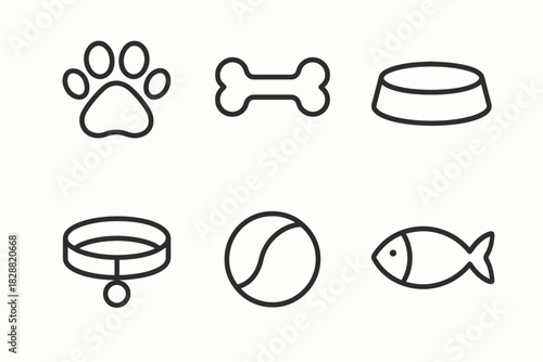 Pet accessories outline icons: paw, bone, bowl, collar, ball, fish